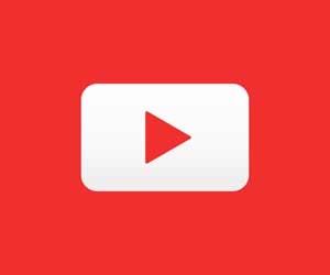 A red play button for an online video on a red background