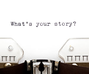 The words "what's your story?" is typed on a typewriter