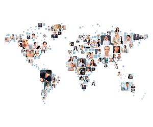 Map of world with images of job candidates from abroad